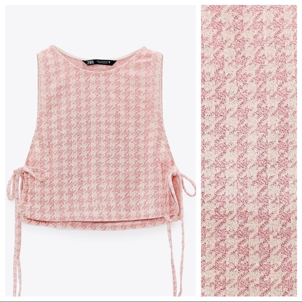 NWT Zara Houndstooth Retro Knit Halter Crop Top With Bralette Attached - Picture 4 of 13